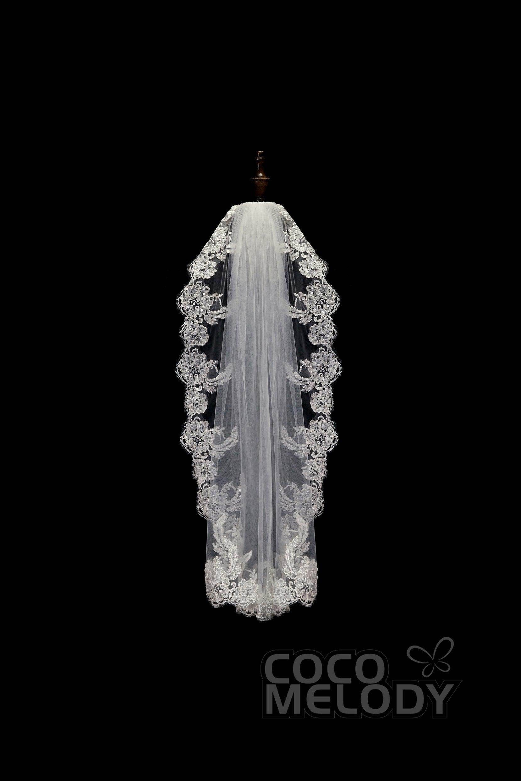 One-tier Lace Edge Tulle Hip Veils with Appliques AV180004 - COCOMELODY